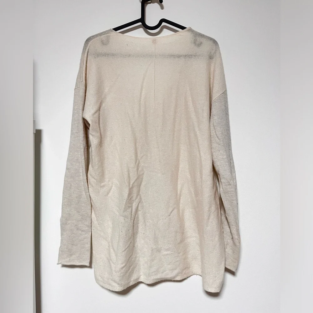 Margaret O'Leary Cashmere Blend V-Neck Sweater Cream High Low Hem Side Slits M